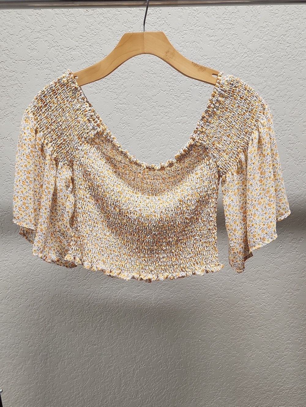 Floral Smocked Off-Shoulder Crop Top in Yellow